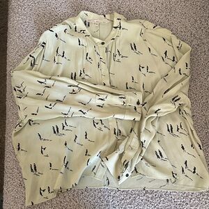 RACHEL Rachel Roy Sage Green Button-Down Shirt with Black Figure Print